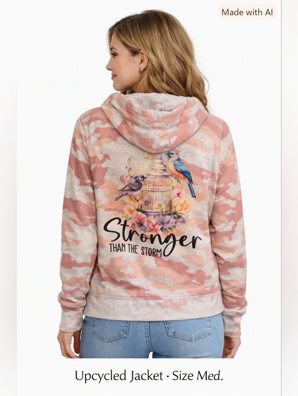 Upcycled Pink Camo Hoodie Medium Stronger Than the Storm Graphic Boho 0060